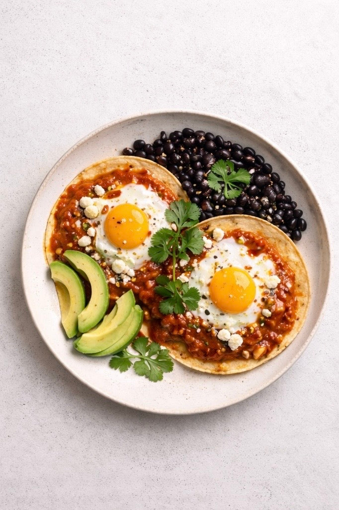 2 eggs on tortillas with beans and avocado on a white background