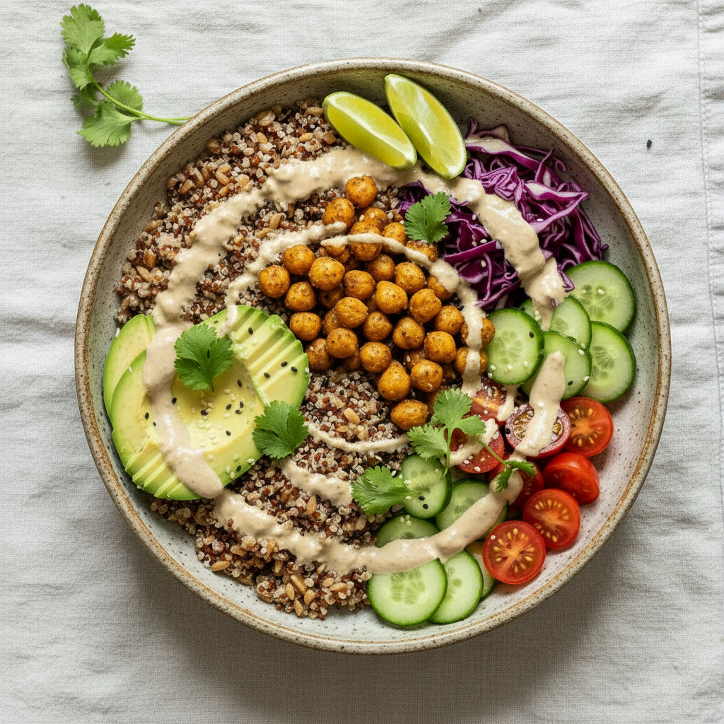 bowl on a linen tablecloth with rice, chickpeas lemon and vegetables