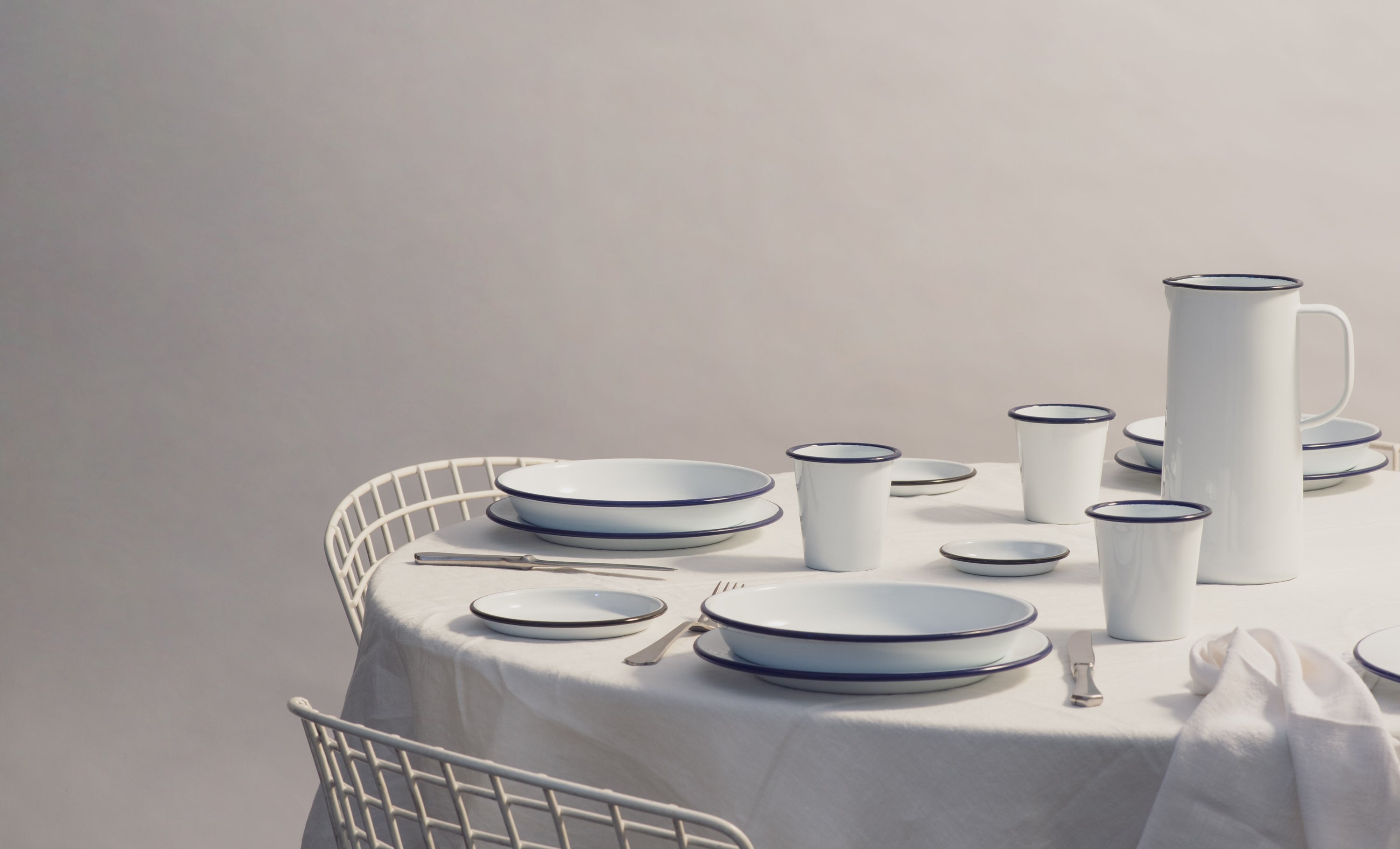 Translation missing: en.white tablecloth, blue and white enamel tablewear: Home & Table
