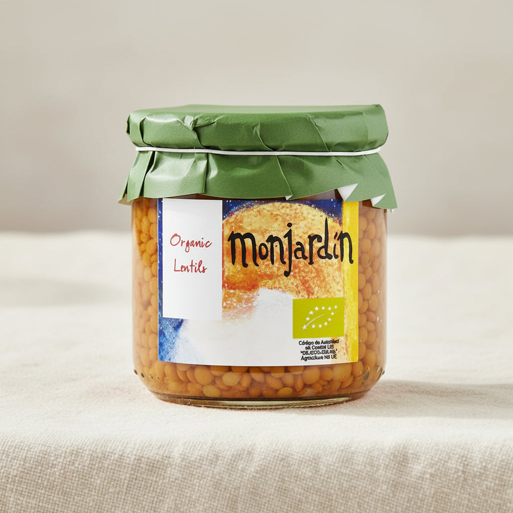 A glass jar of Monjardin Organic Lentils with a green paper-wrapped lid and a colorful label, shown on a plain white background.