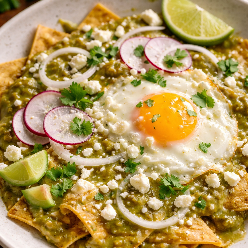 Plate of chilaquiles with green sauce, eggs, radishes, and lime wedges on a wooden surface.