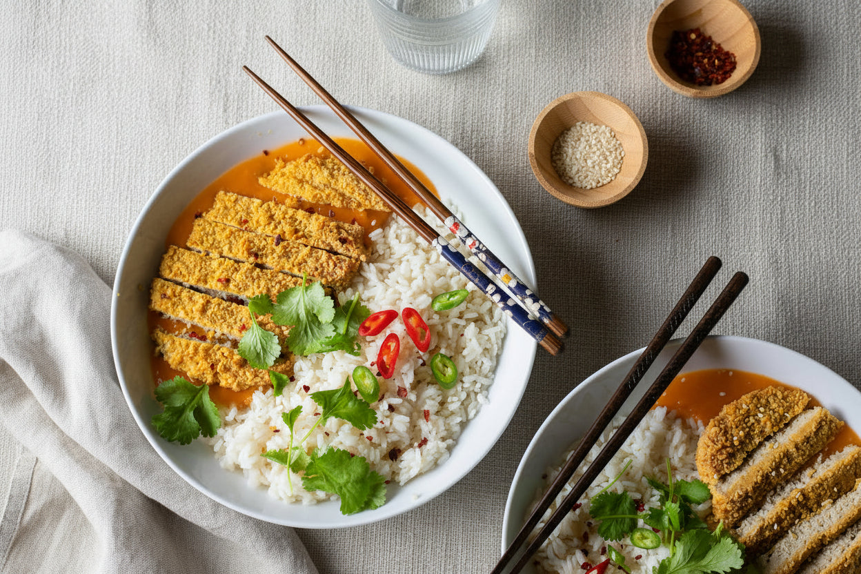 Two bowls of Thai curry rice with crispy fried chicken, garnished with cilantro and red chili slices, set on a rustic green wooden table with chopsticks and small condiment bowls.
