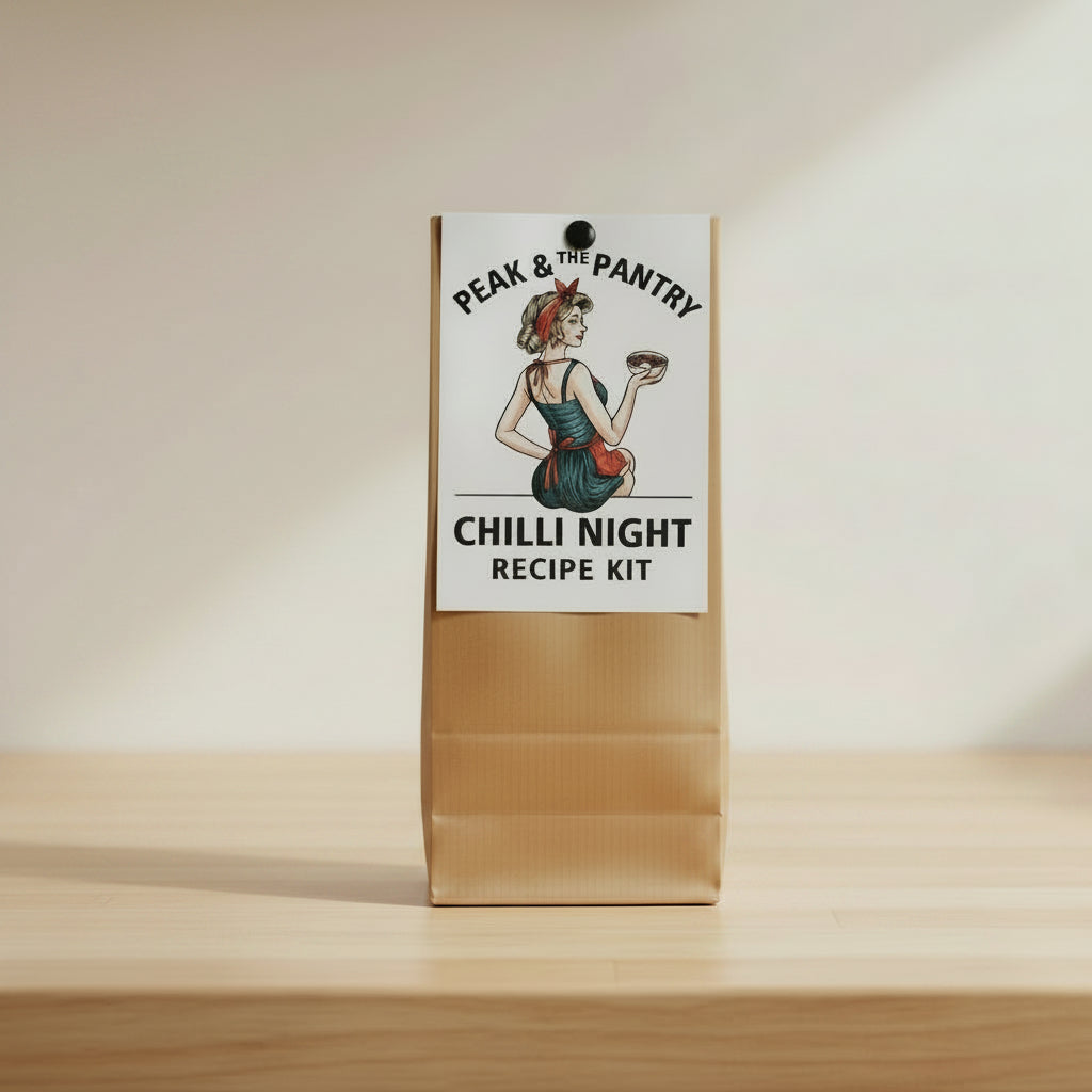 A packaged chili sauce recipe kit from Peak & The Pantry, featuring a white label with a retro pin-up illustration of a woman holding a bowl of sauce, above a brown corrugated cardboard lower section.