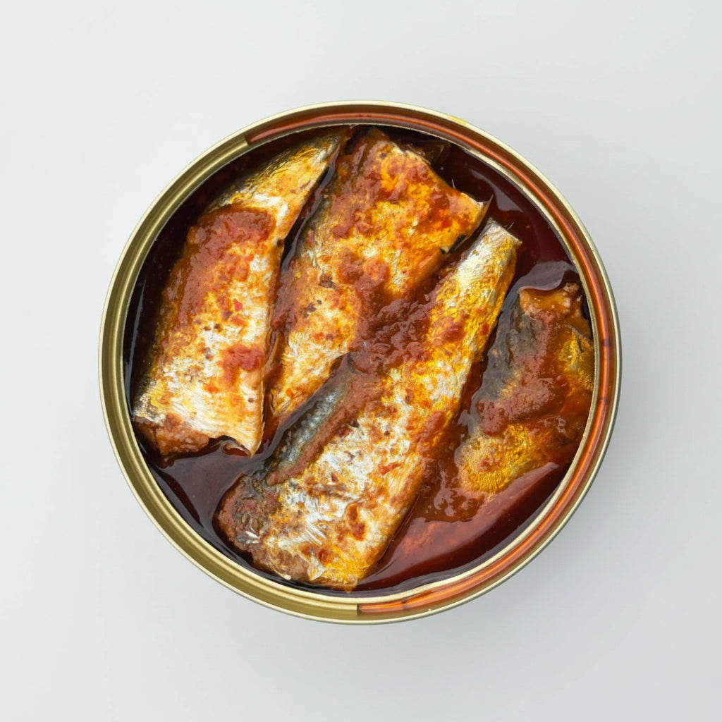 Canned fish in a harissa - tomato based sauce on a white background-  