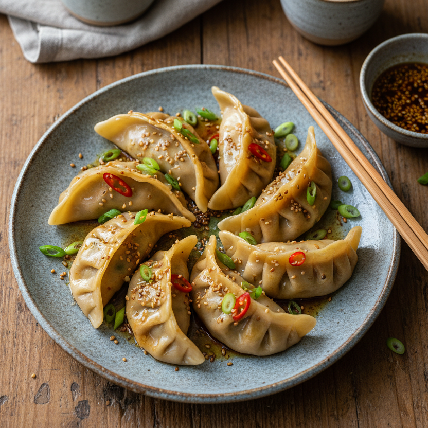 Plated dumplings with garnishes on a wooden table with chopsticks and a small bowl of spices.