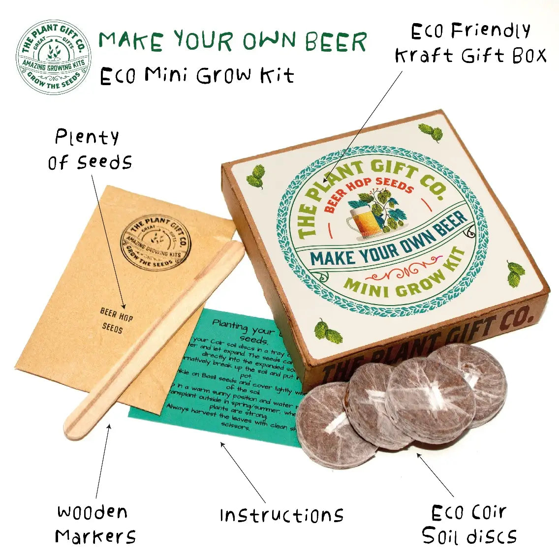 The Plant Gift Co. Make Your Own Beer Eco Mini Grow Kit, featuring a kraft paper box, wooden markers, instruction sheet, seeds, and soil discs, with text callouts on a white background.