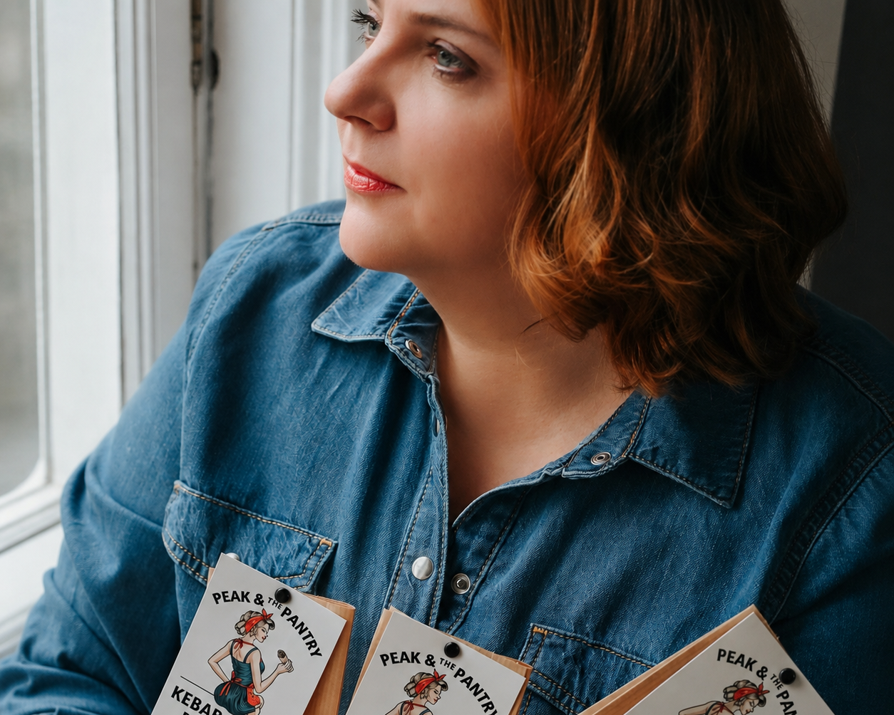 A woman in a blue denim shirt holds three small kraft paper pouches with printed recipe kit cards. The cards read 'PEAK & PANTY' and show different flavor names: Kebab Night, Chilli Night, and Hot Chocolate.