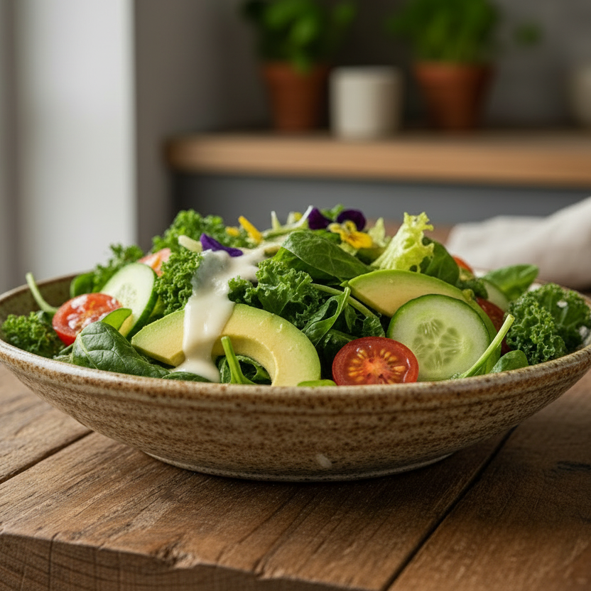 Bowl of salad with vegetables on a wooden table