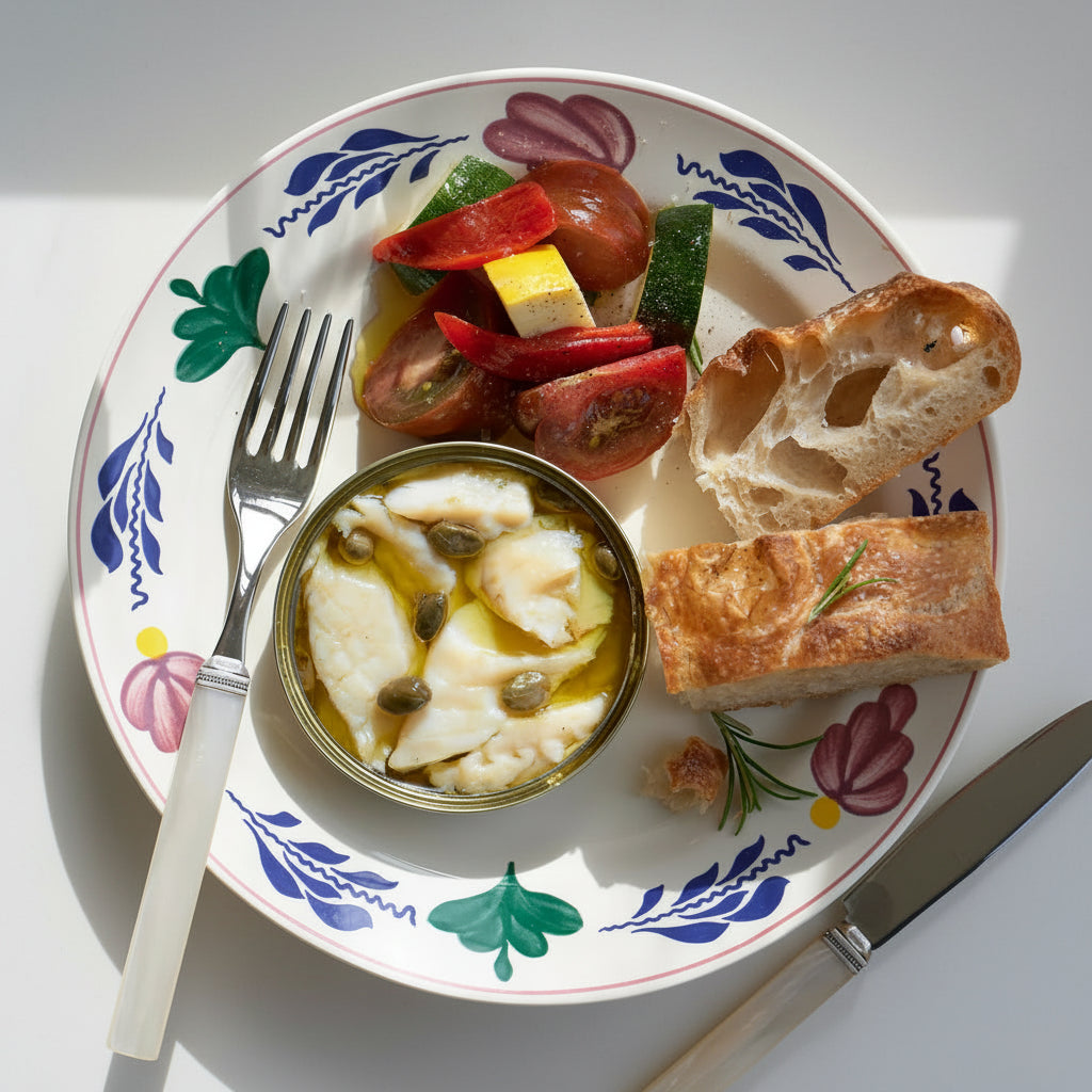 Dish with fish, vegetables, and bread on a decorative plate with a yellow tablecloth.
