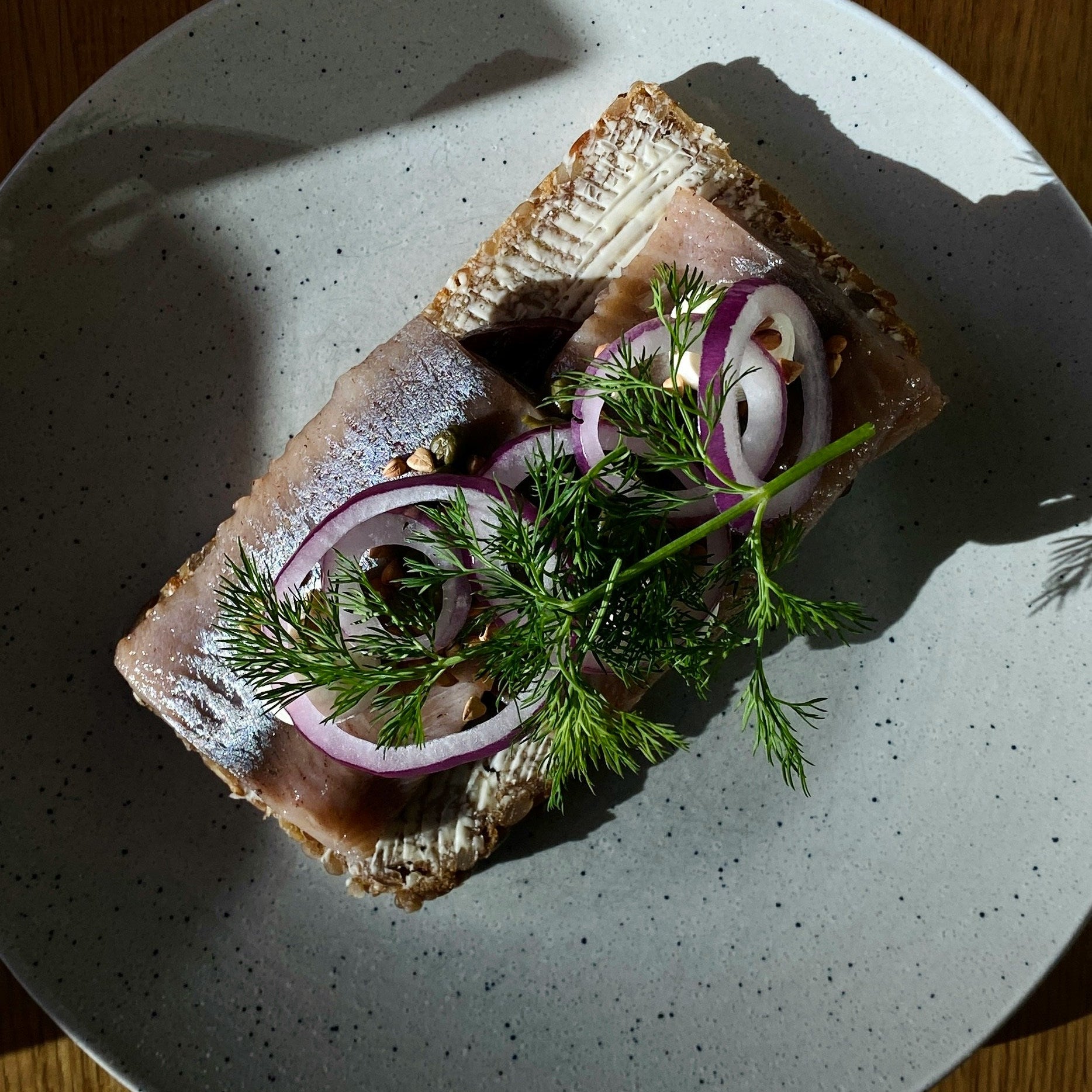 Open-faced sandwich with fish, onions, and dill on a white plate with a wooden background