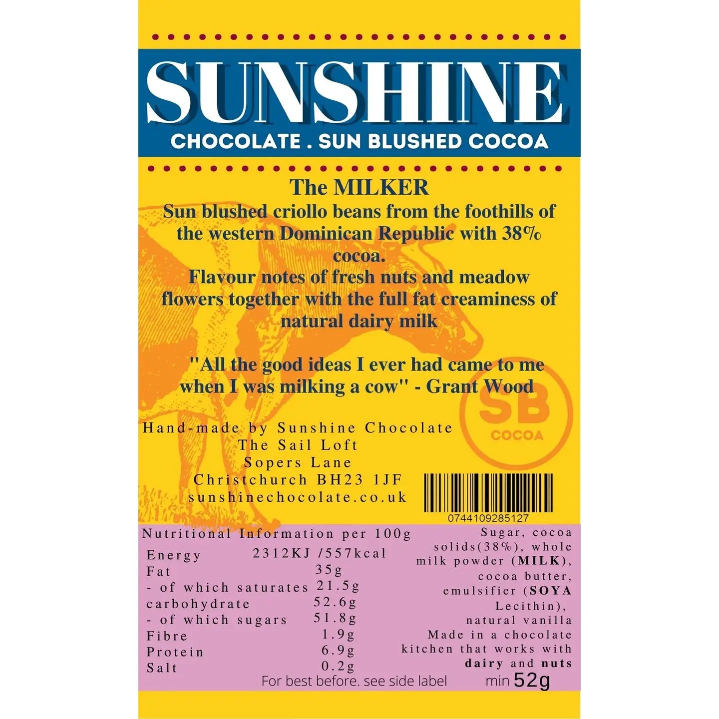Sunshine Chocolate The Milker Milk Chocolate Melt Bar